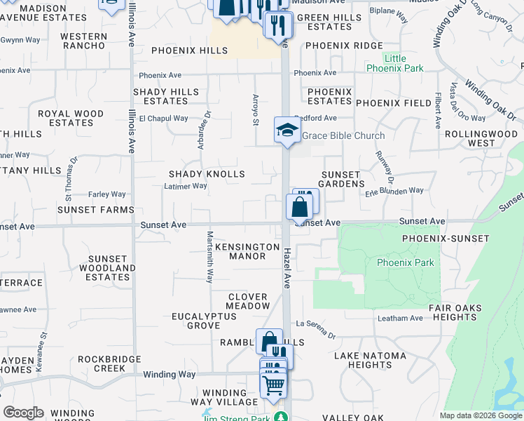 map of restaurants, bars, coffee shops, grocery stores, and more near 8879 Sunset Avenue in Fair Oaks