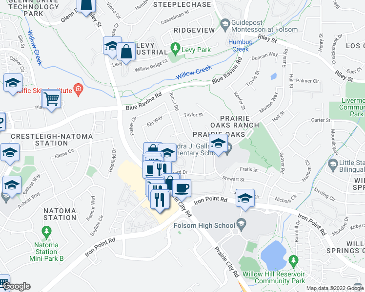 map of restaurants, bars, coffee shops, grocery stores, and more near 385 Fisher Court in Folsom