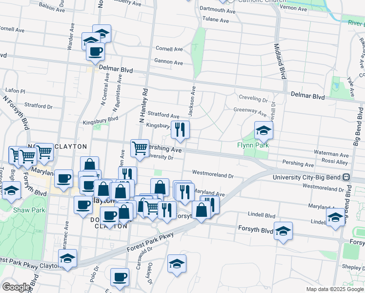 map of restaurants, bars, coffee shops, grocery stores, and more near 7400 Pershing Avenue in University City