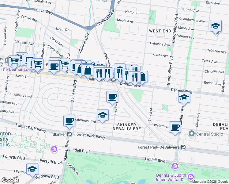 map of restaurants, bars, coffee shops, grocery stores, and more near 6001 Westminster Place in St. Louis
