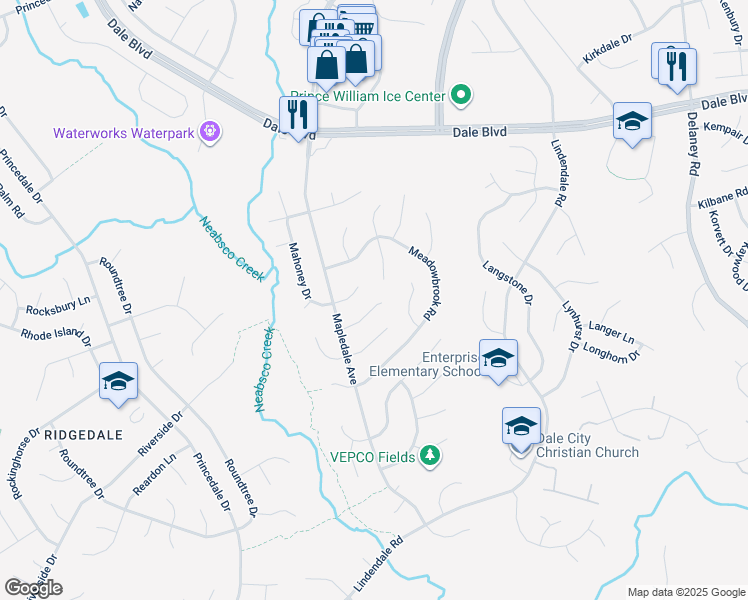map of restaurants, bars, coffee shops, grocery stores, and more near 5274 Mantle Court in Woodbridge