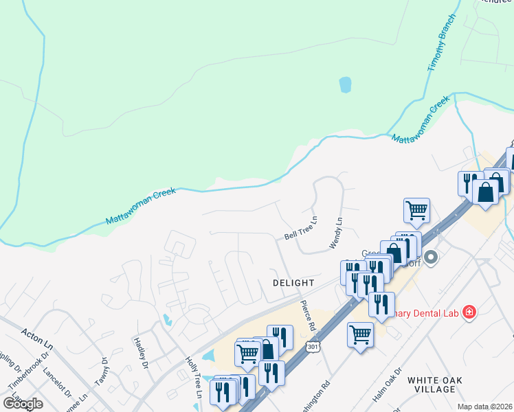 map of restaurants, bars, coffee shops, grocery stores, and more near 2119 Marbella Drive in Waldorf