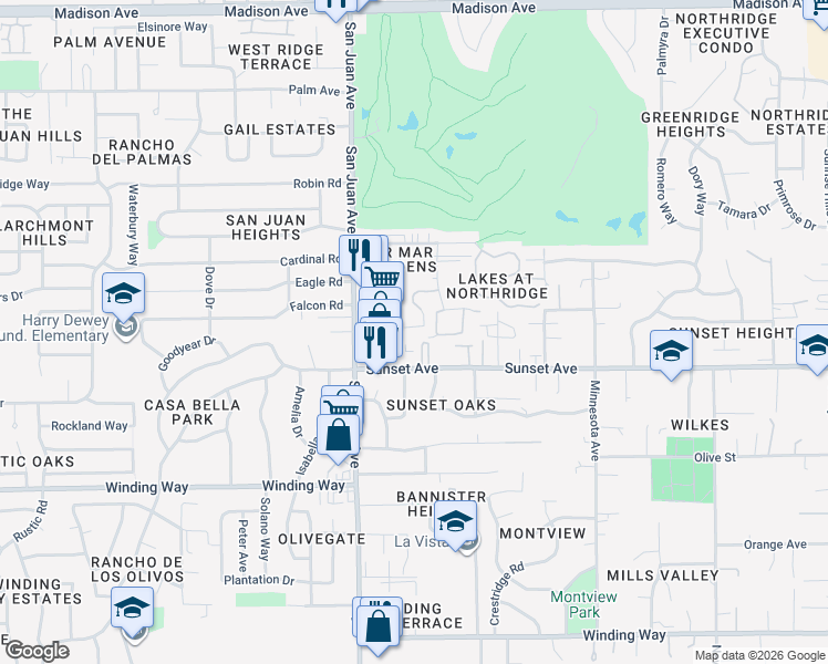 map of restaurants, bars, coffee shops, grocery stores, and more near 4811 Santee Drive in Fair Oaks