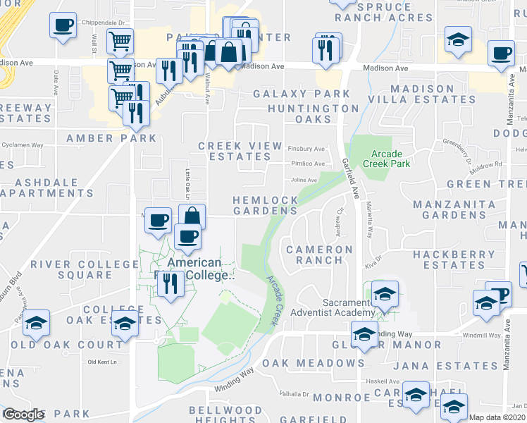 map of restaurants, bars, coffee shops, grocery stores, and more near 4809 Brittney Lee Court in Sacramento