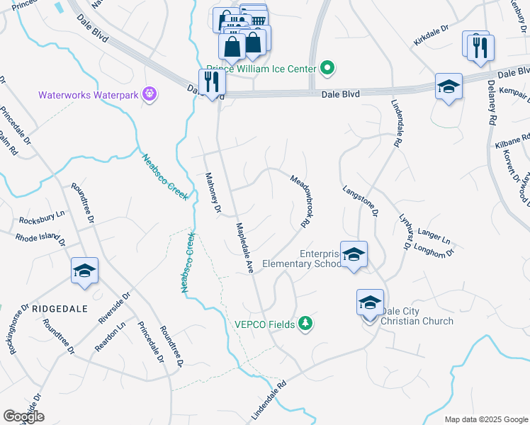 map of restaurants, bars, coffee shops, grocery stores, and more near 5274 Mantle Court in Woodbridge