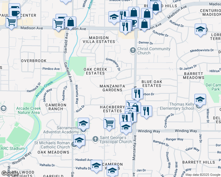 map of restaurants, bars, coffee shops, grocery stores, and more near 11228 Loma Linda Court in Sacramento