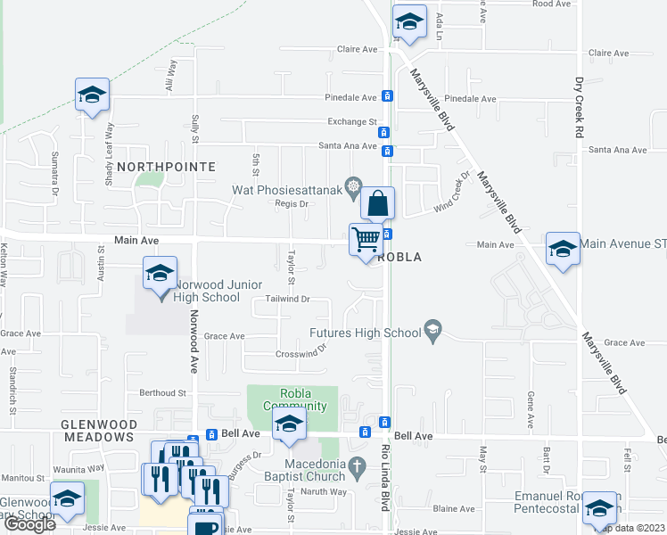 map of restaurants, bars, coffee shops, grocery stores, and more near 626 Main Avenue in Sacramento
