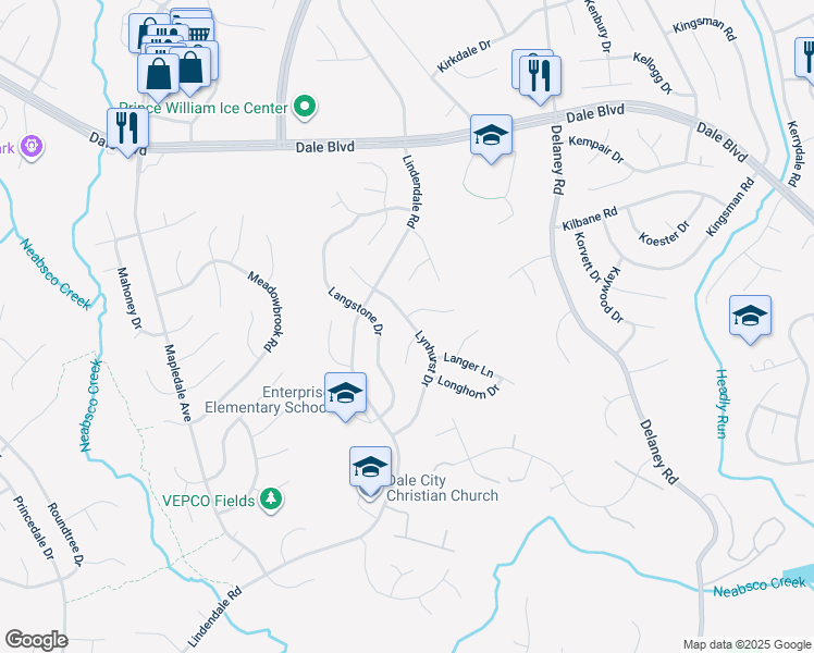 map of restaurants, bars, coffee shops, grocery stores, and more near 13728 Lynhurst Drive in Woodbridge