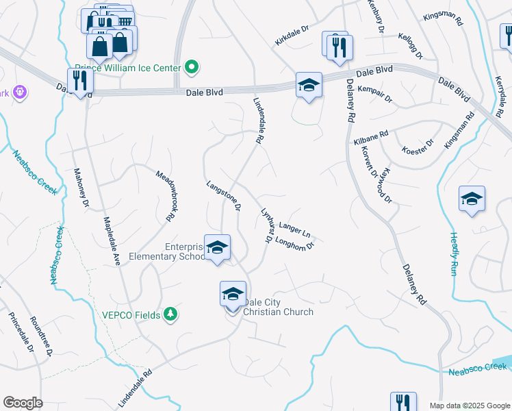 map of restaurants, bars, coffee shops, grocery stores, and more near 13728 Lynhurst Drive in Woodbridge