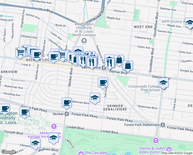 map of restaurants, bars, coffee shops, grocery stores, and more near 6047 Westminster Place in St. Louis