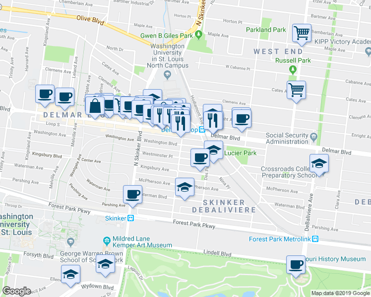 map of restaurants, bars, coffee shops, grocery stores, and more near 6047 Westminster Place in St. Louis
