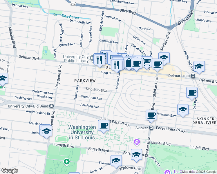 map of restaurants, bars, coffee shops, grocery stores, and more near 6616 Kingsbury Boulevard in University City