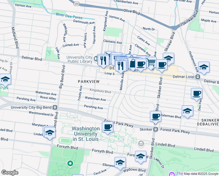 map of restaurants, bars, coffee shops, grocery stores, and more near 6616 Kingsbury Boulevard in University City