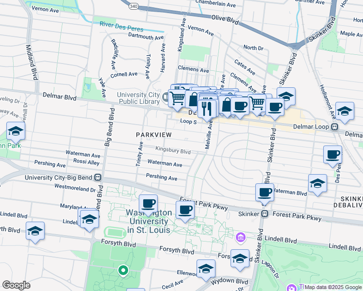 map of restaurants, bars, coffee shops, grocery stores, and more near 6616 Kingsbury Boulevard in University City