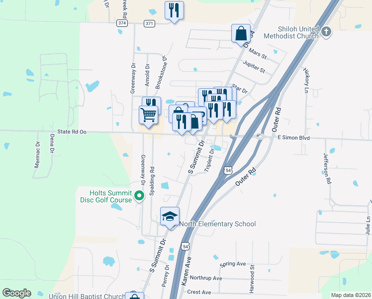 map of restaurants, bars, coffee shops, grocery stores, and more near 211 West Simon Boulevard in Holts Summit