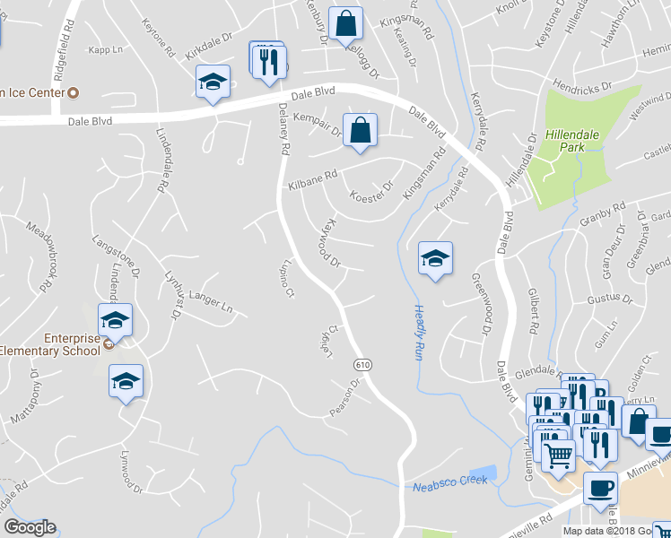 map of restaurants, bars, coffee shops, grocery stores, and more near 13722 Kaywood Drive in Woodbridge