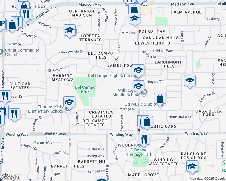 map of restaurants, bars, coffee shops, grocery stores, and more near 4925 Dewey Drive in Carmichael