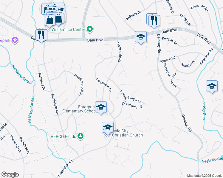 map of restaurants, bars, coffee shops, grocery stores, and more near 13857 Langstone Drive in Woodbridge