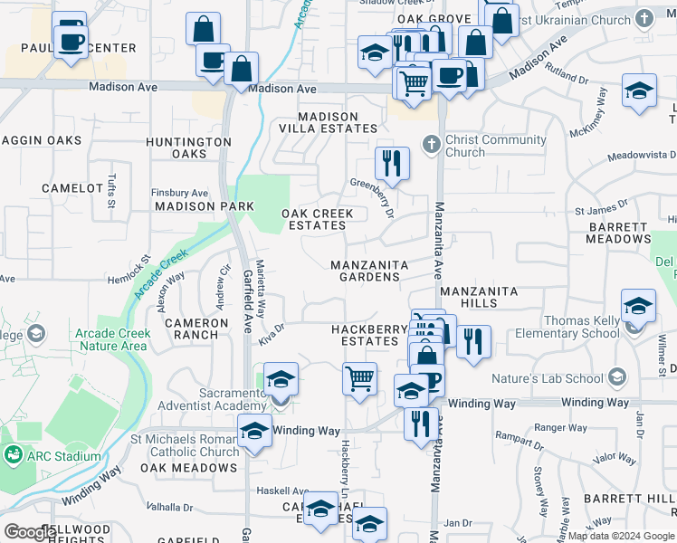 map of restaurants, bars, coffee shops, grocery stores, and more near 5630 Major Way in Sacramento