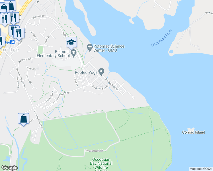 map of restaurants, bars, coffee shops, grocery stores, and more near 742 Monument Avenue in Woodbridge