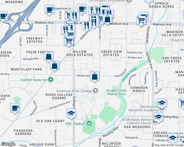map of restaurants, bars, coffee shops, grocery stores, and more near 4901 Little Oak Lane in Sacramento