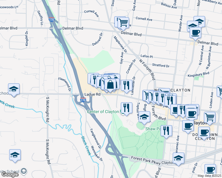 map of restaurants, bars, coffee shops, grocery stores, and more near 8811a Ladue Road in Clayton
