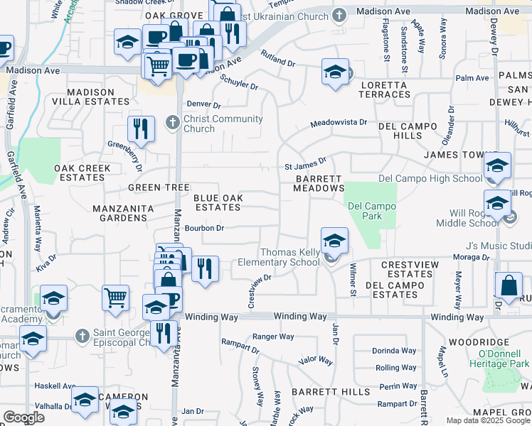 map of restaurants, bars, coffee shops, grocery stores, and more near 6108 Oakgreen Circle in Carmichael