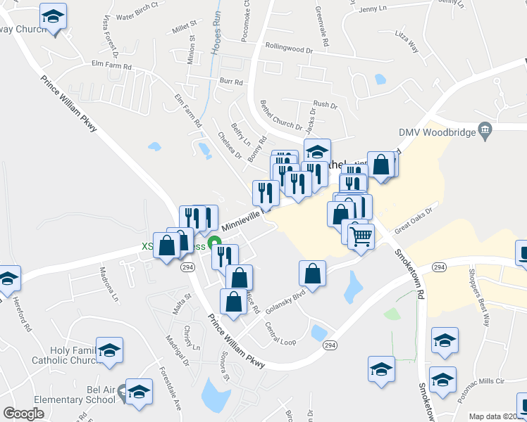 map of restaurants, bars, coffee shops, grocery stores, and more near 13643 Minnieville Road in Woodbridge