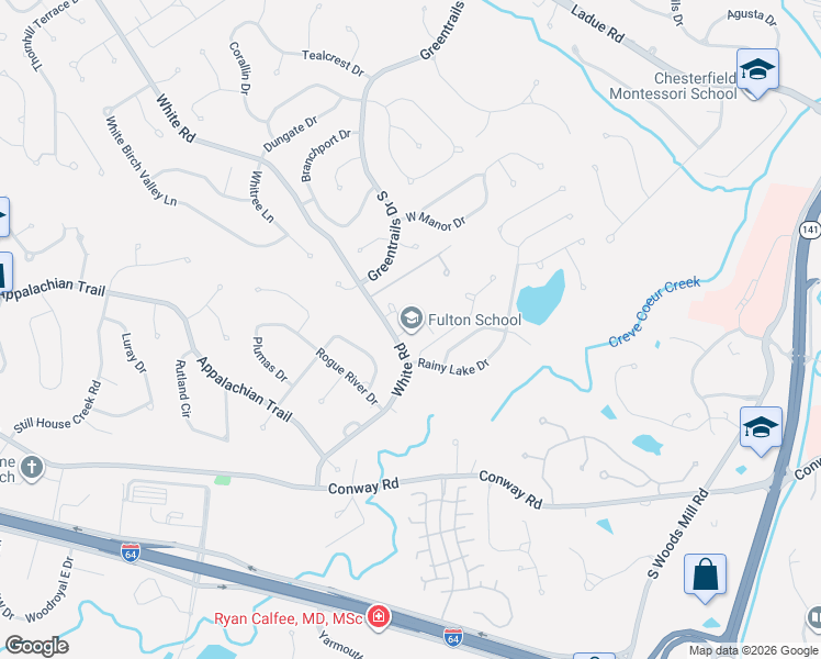 map of restaurants, bars, coffee shops, grocery stores, and more near 14395 Wainridge Drive in Chesterfield