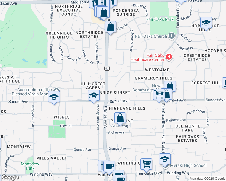 map of restaurants, bars, coffee shops, grocery stores, and more near in Fair Oaks