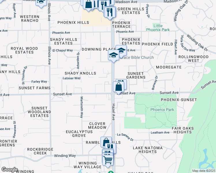 map of restaurants, bars, coffee shops, grocery stores, and more near 8877 Sunset Avenue in Fair Oaks