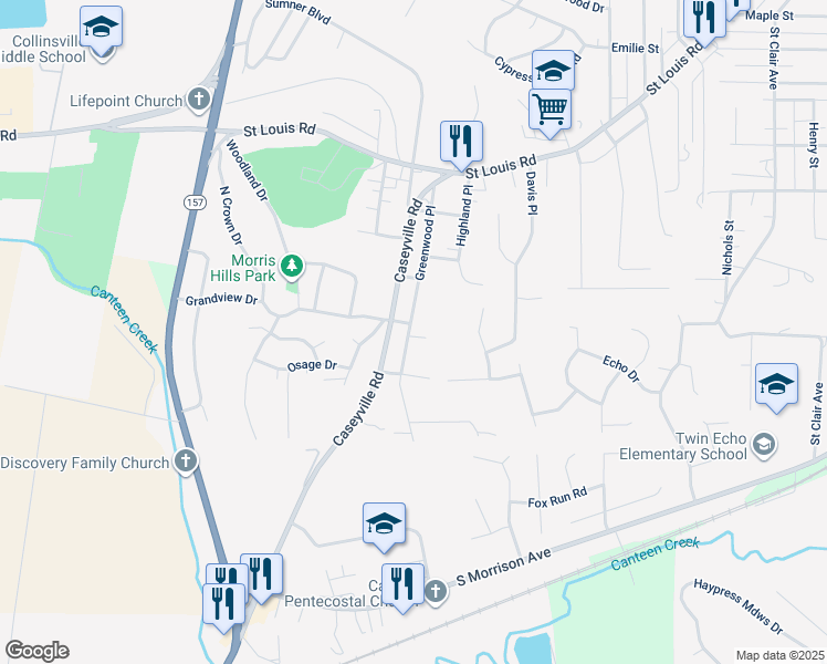 map of restaurants, bars, coffee shops, grocery stores, and more near 631 Greenwood Place in Collinsville