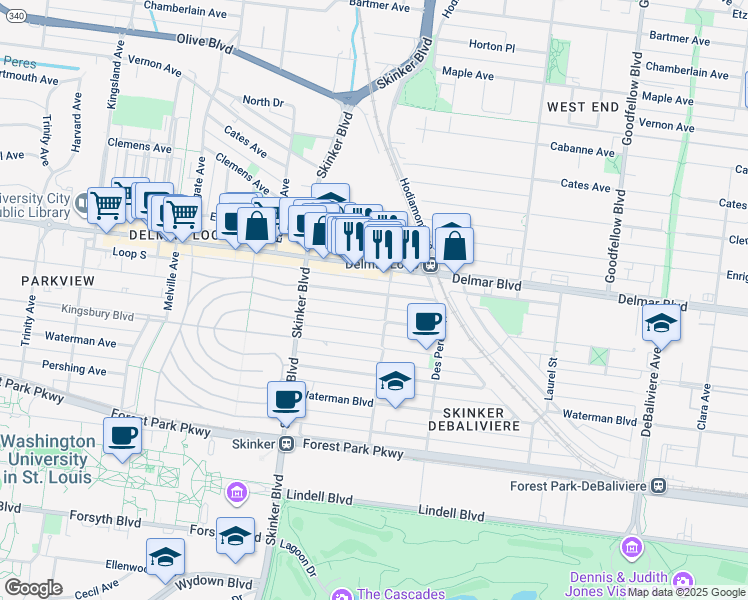 map of restaurants, bars, coffee shops, grocery stores, and more near 6117 Westminster Place in St. Louis