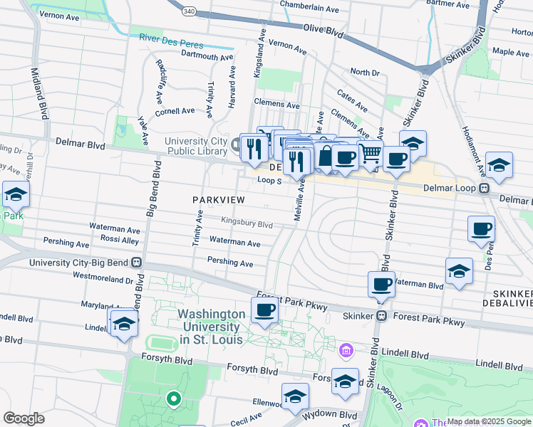map of restaurants, bars, coffee shops, grocery stores, and more near 6616 Kingsbury Boulevard in University City