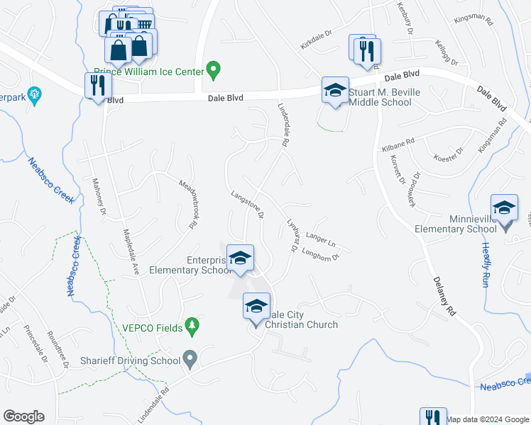 map of restaurants, bars, coffee shops, grocery stores, and more near 13857 Langstone Drive in Woodbridge