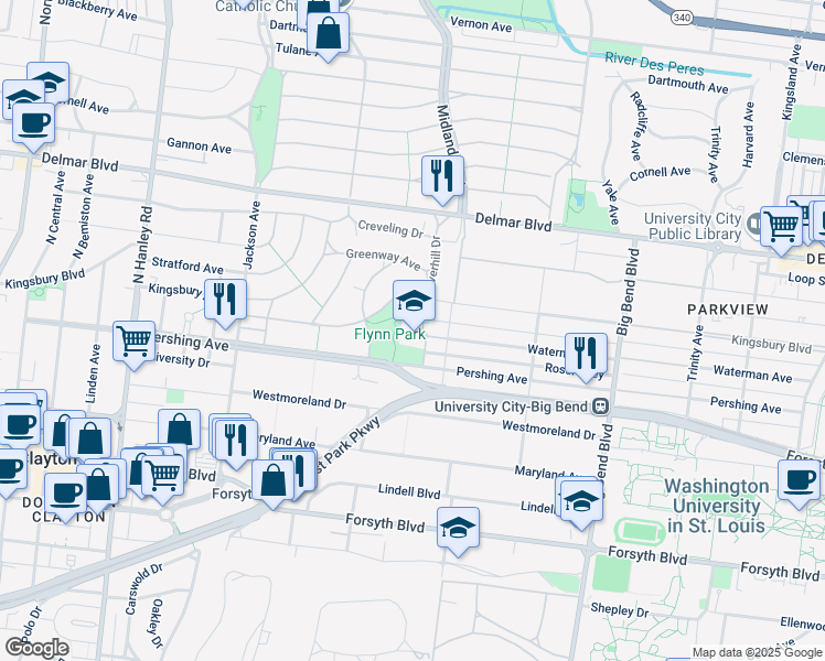 map of restaurants, bars, coffee shops, grocery stores, and more near 7220 Waterman Avenue in St. Louis