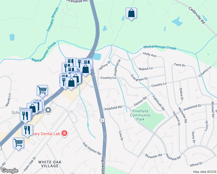 map of restaurants, bars, coffee shops, grocery stores, and more near 909 Truro Lane in Waldorf
