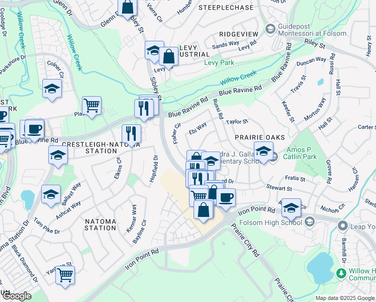 map of restaurants, bars, coffee shops, grocery stores, and more near 588 Fisher Circle in Folsom