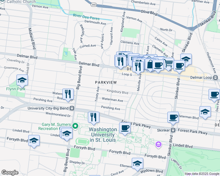 map of restaurants, bars, coffee shops, grocery stores, and more near 6803 Kingsbury Boulevard in University City