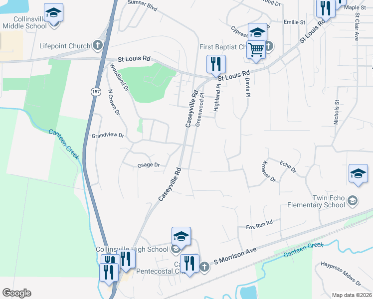 map of restaurants, bars, coffee shops, grocery stores, and more near 819 Caseyville Road in Caseyville