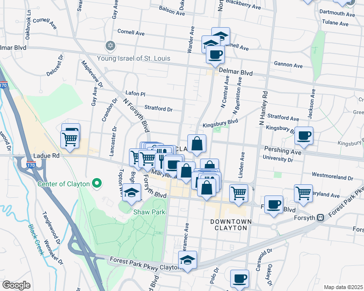 map of restaurants, bars, coffee shops, grocery stores, and more near 176 North Brentwood Boulevard in St. Louis
