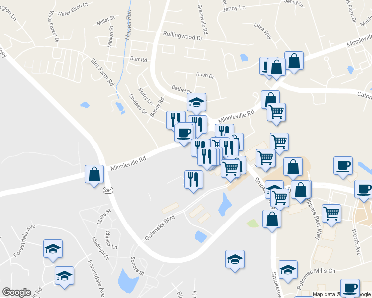 map of restaurants, bars, coffee shops, grocery stores, and more near 13565 Minnieville Road in Woodbridge