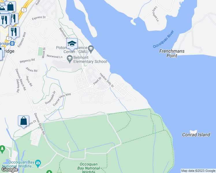 map of restaurants, bars, coffee shops, grocery stores, and more near 554 Marina Landing Lane in Woodbridge