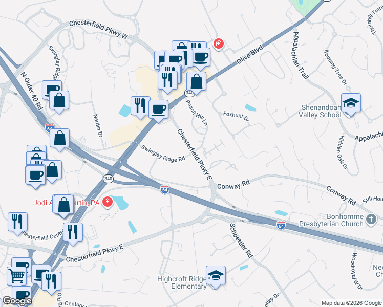 map of restaurants, bars, coffee shops, grocery stores, and more near 16000 Swingley Ridge Road in Chesterfield