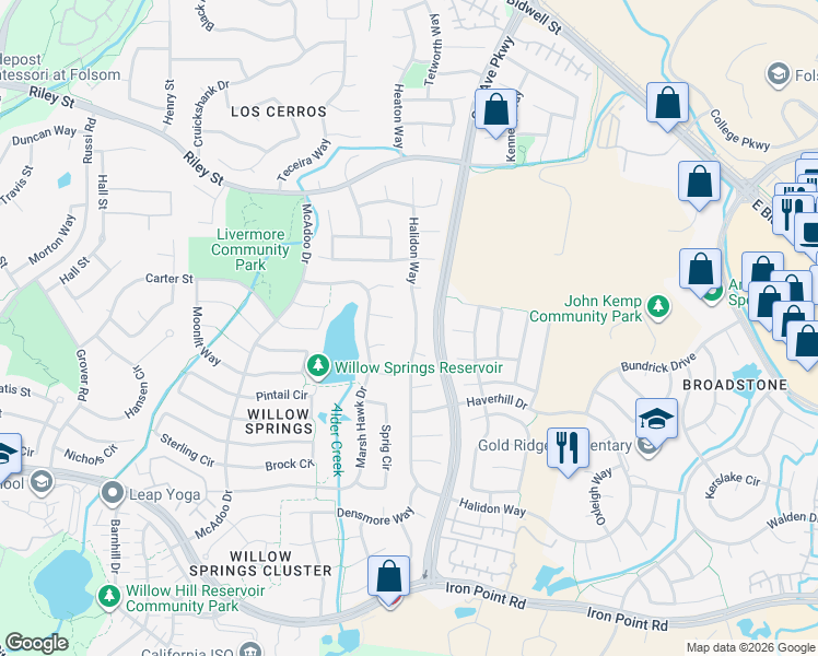 map of restaurants, bars, coffee shops, grocery stores, and more near 1149 Halidon Way in Folsom