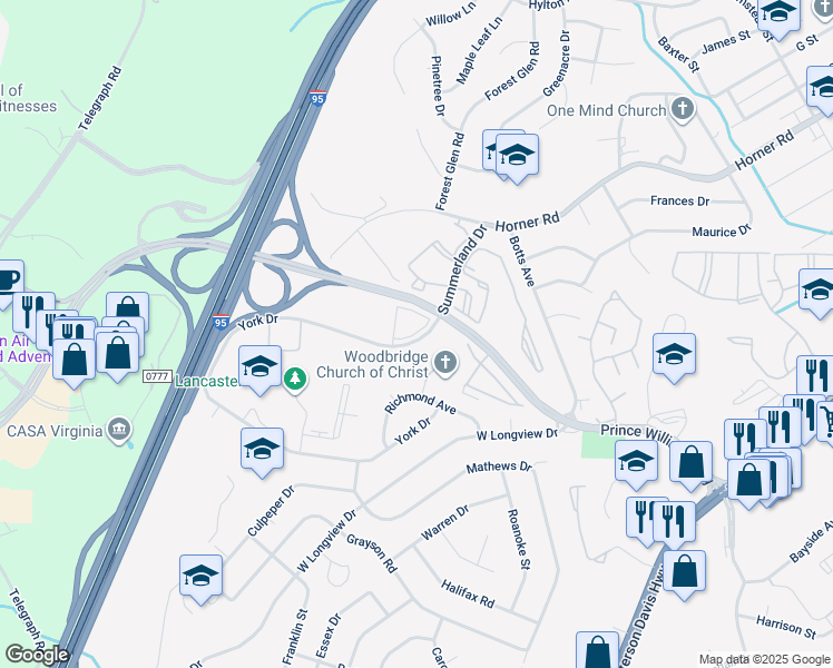 map of restaurants, bars, coffee shops, grocery stores, and more near Keelingwood Circle in Woodbridge