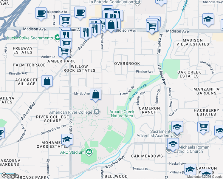 map of restaurants, bars, coffee shops, grocery stores, and more near 6000 Myrtle Avenue in Sacramento
