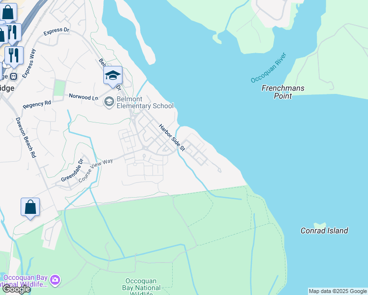 map of restaurants, bars, coffee shops, grocery stores, and more near 525 Belmont Bay Drive in Woodbridge