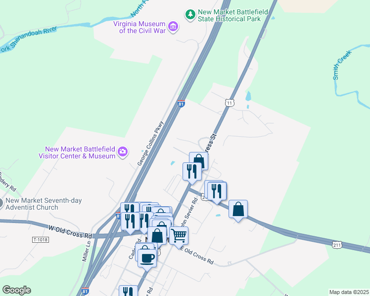 map of restaurants, bars, coffee shops, grocery stores, and more near 9171 North Congress Street in New Market