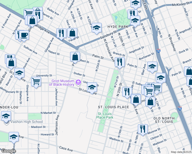 map of restaurants, bars, coffee shops, grocery stores, and more near 2301 University Street in St. Louis